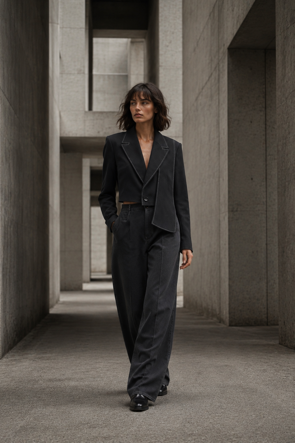 AI fashion frame: blazer and wide-leg trousers in concrete corridor