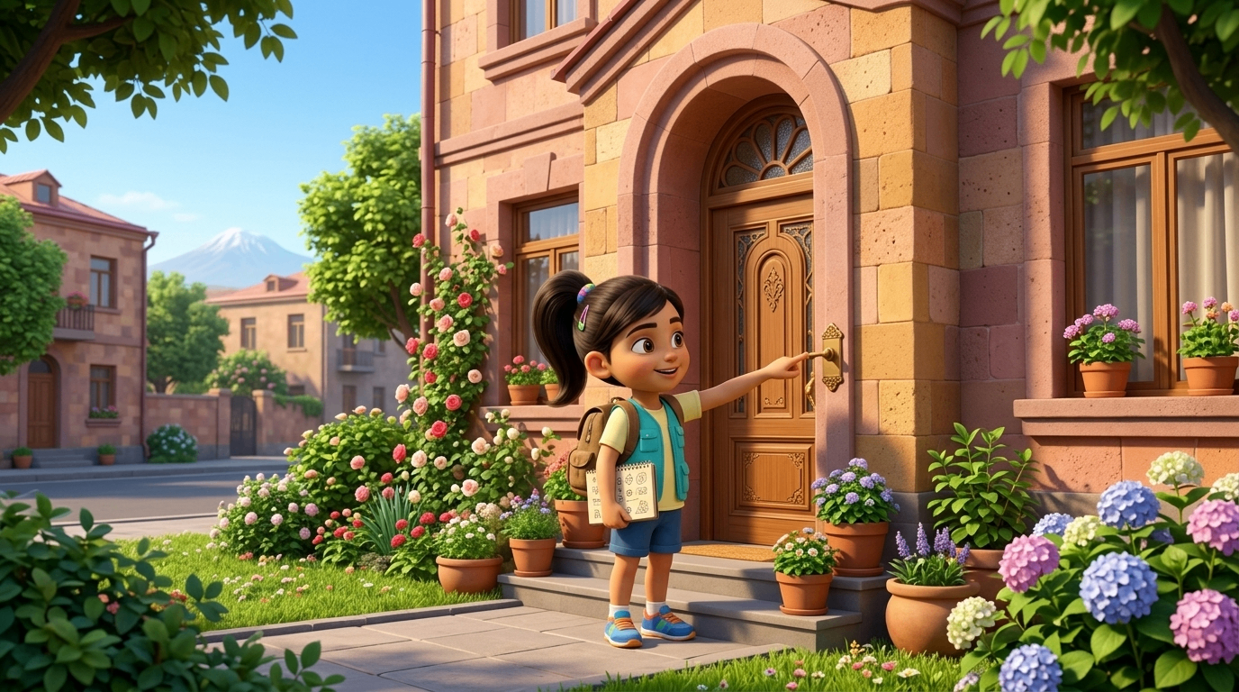 Animated girl ringing the doorbell of an Armenian tuff stone house