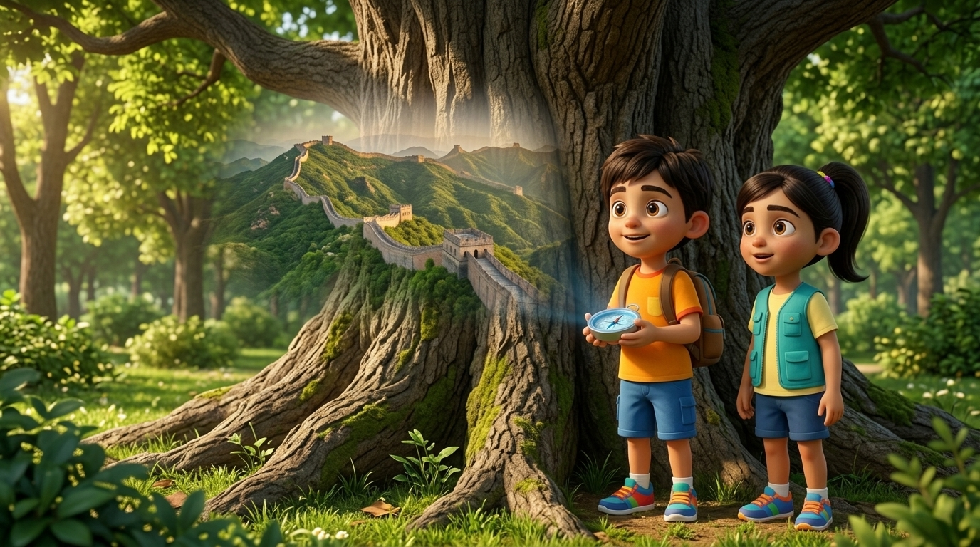 Animated boy and girl with compass beside a giant tree with a Great Wall landscape