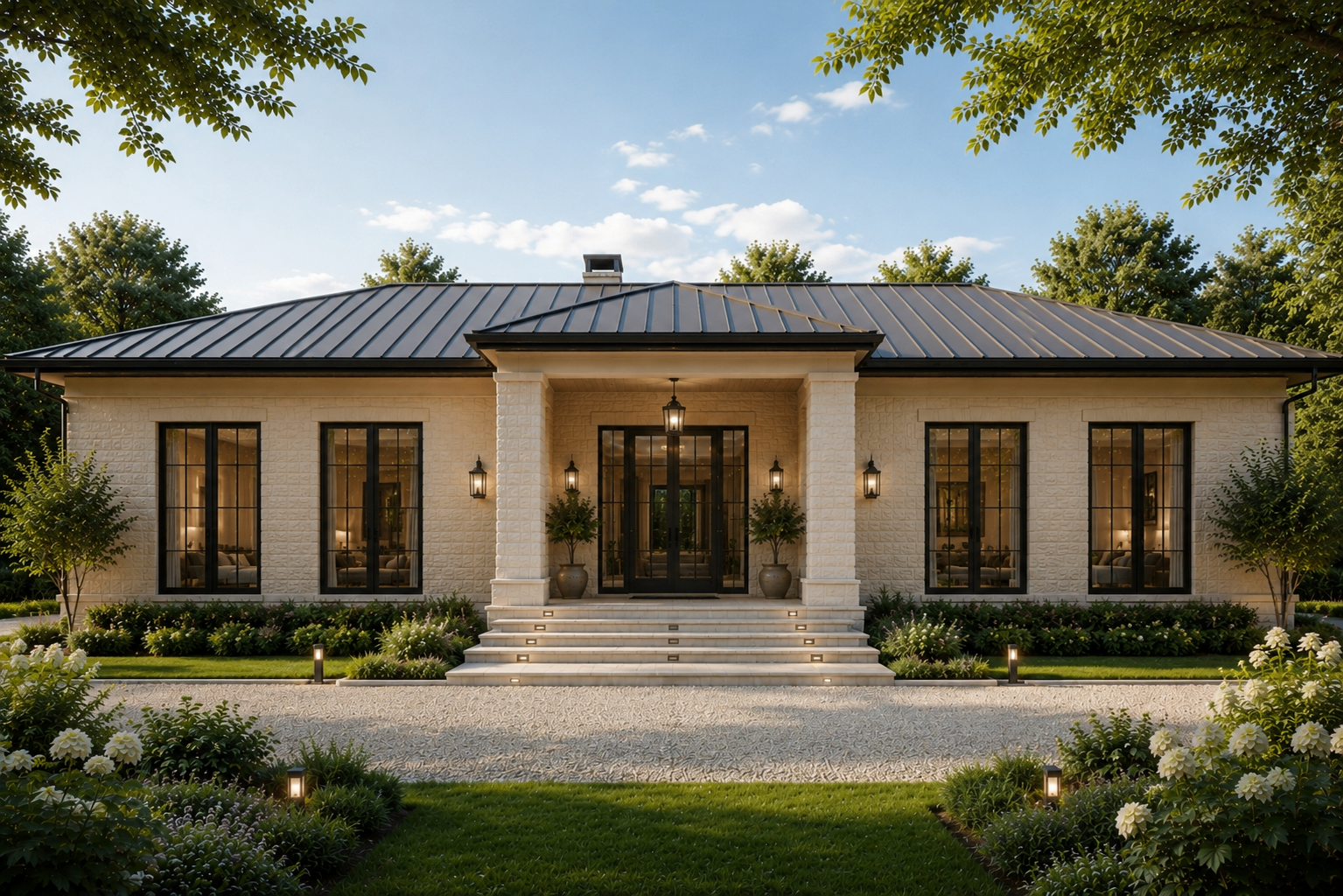 Residential exterior: main front facade with limestone cladding