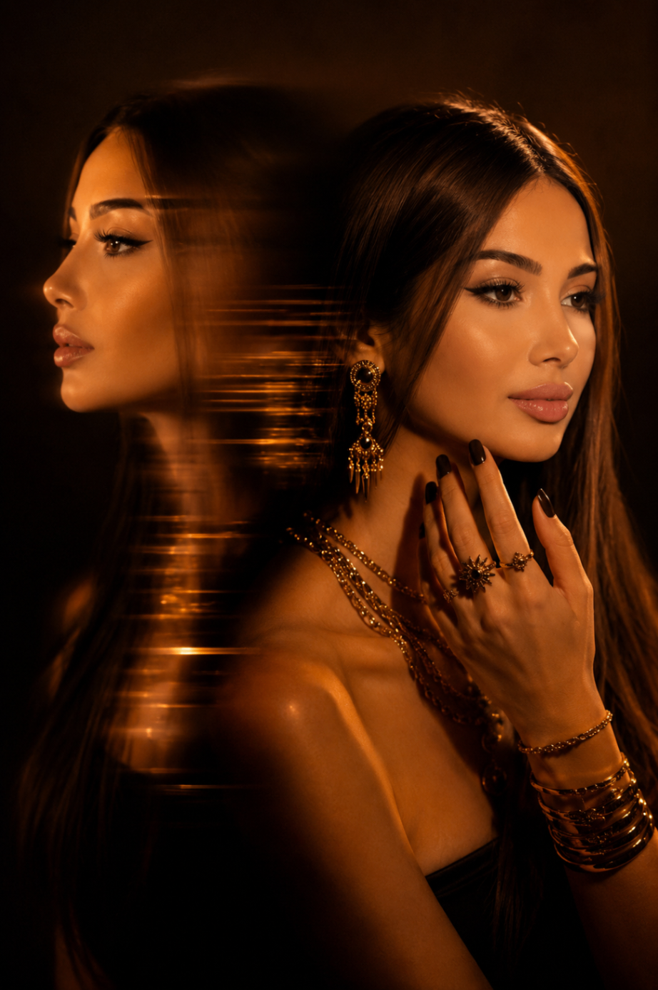 AI portrait: mirrored golden portrait with chain necklaces