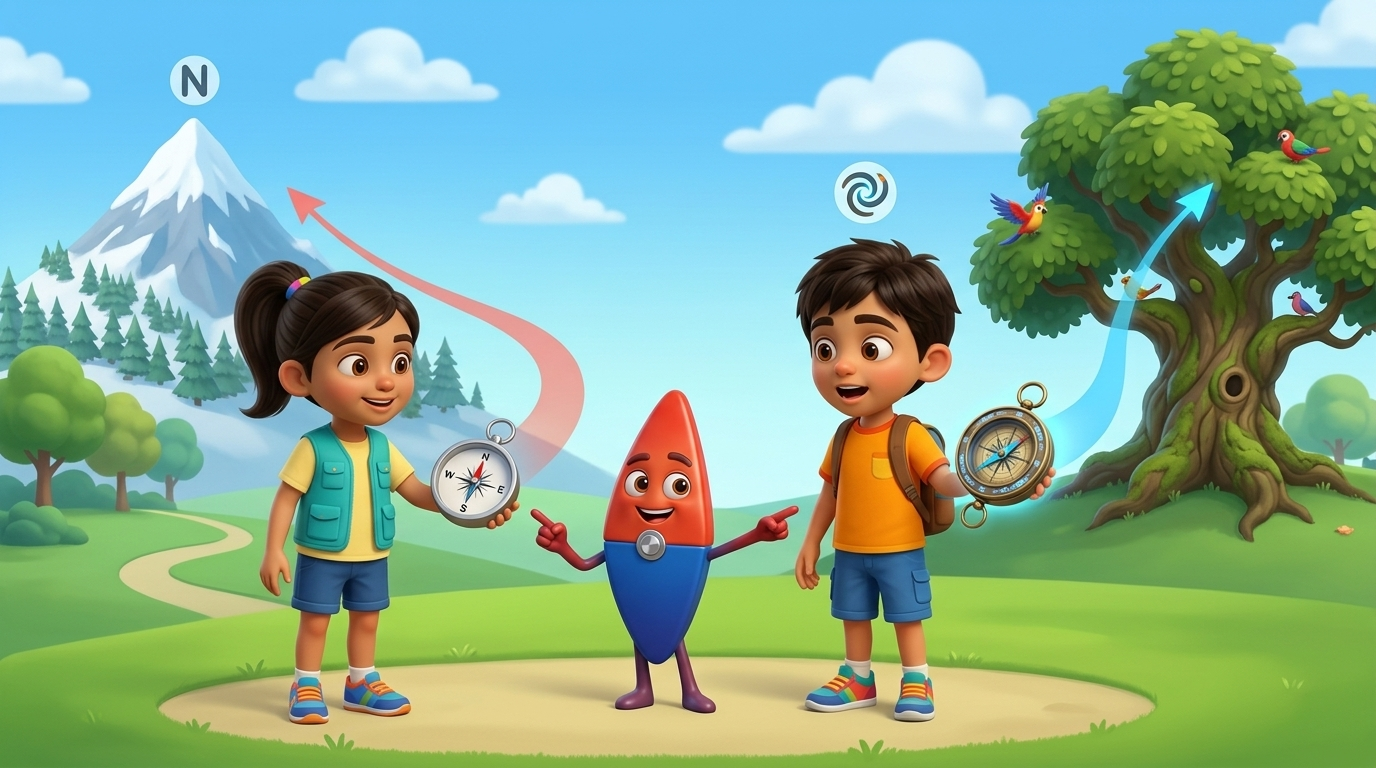 Animated characters and compass mascot pointing toward mountain and tree