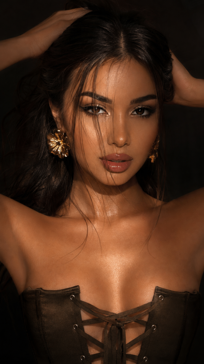 AI portrait: warm low-key beauty portrait with gold floral earrings