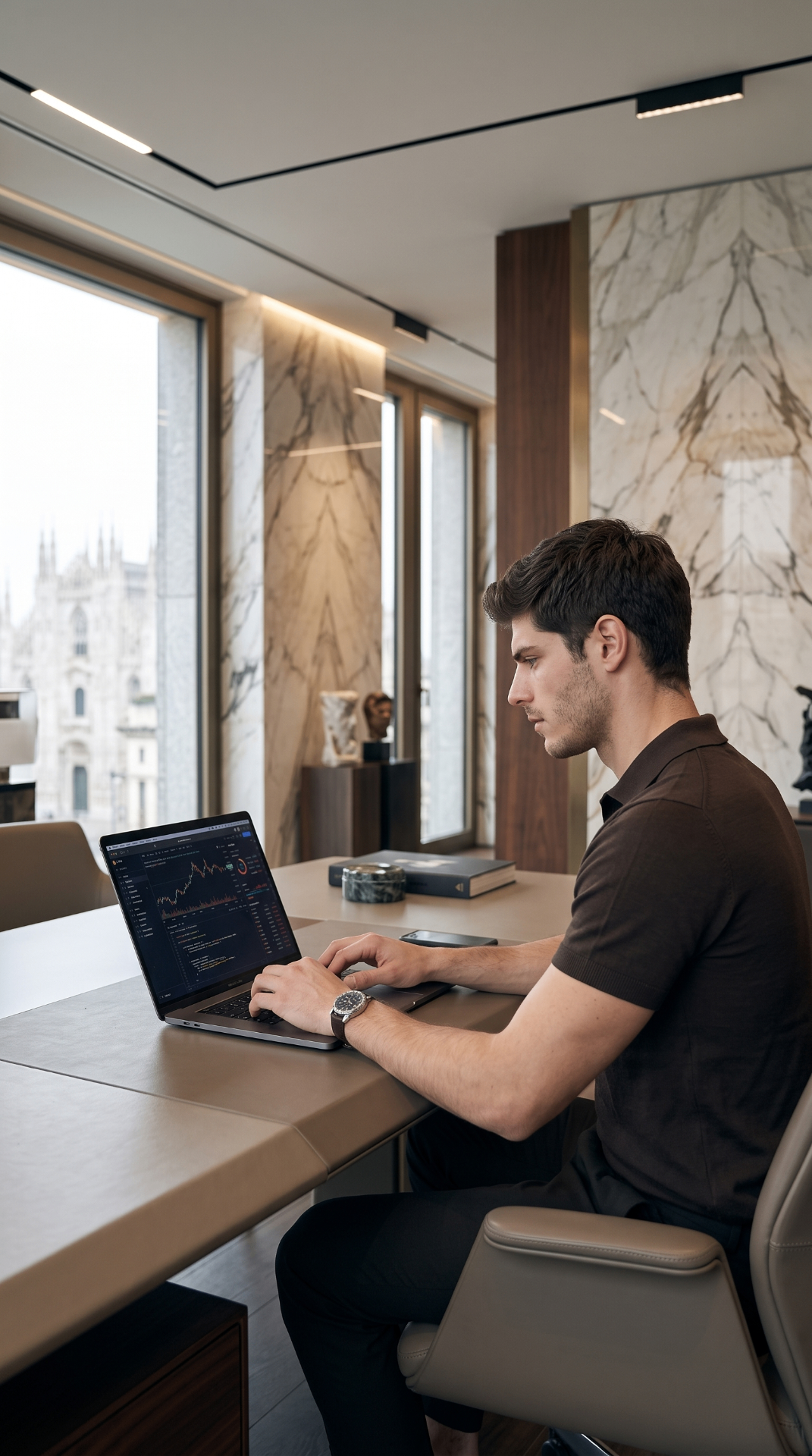 Male AI character working on a laptop in a marble interior