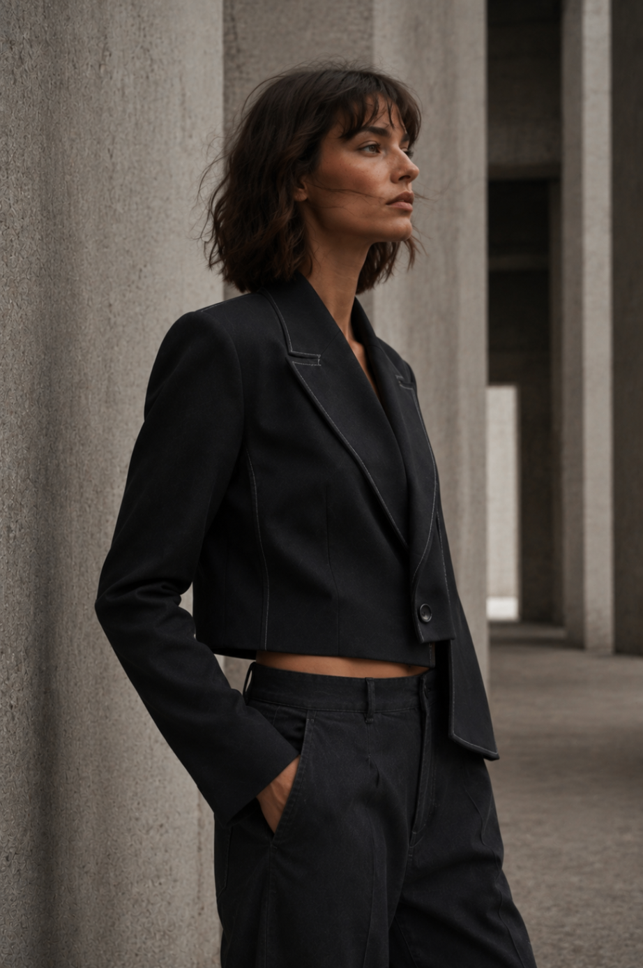 AI fashion frame: cropped blazer and trousers, hands in pockets