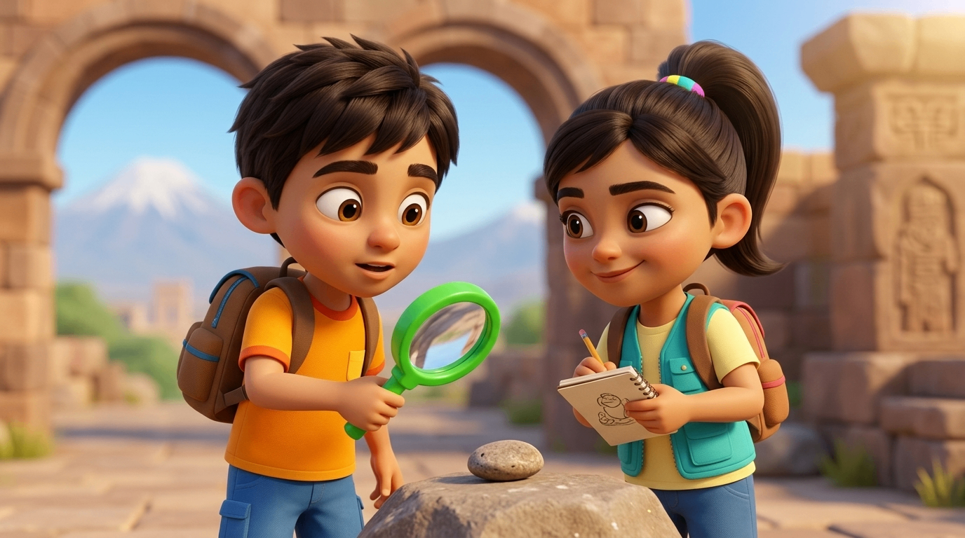 Close-up of the two animated characters with magnifying glass near stone arches