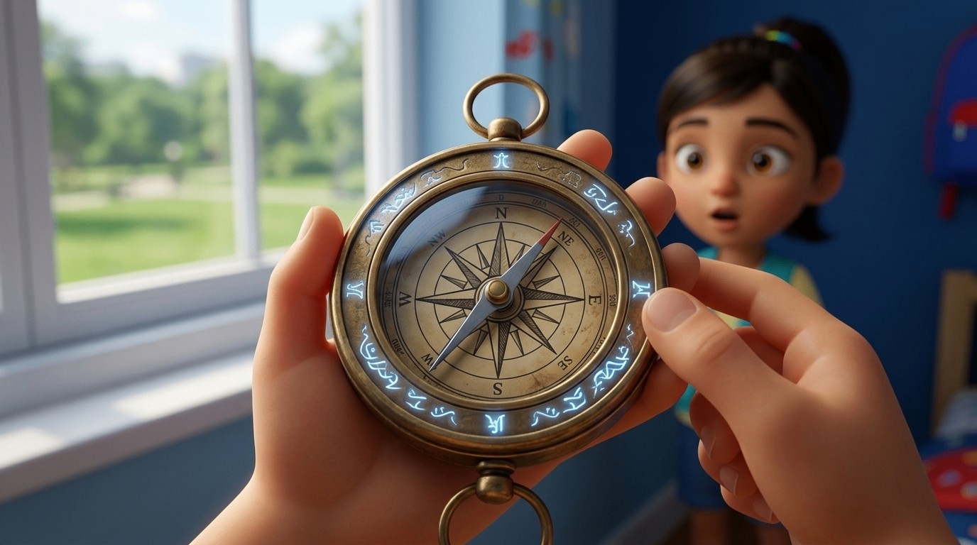 Close-up of the glowing magic compass held in a child's hands