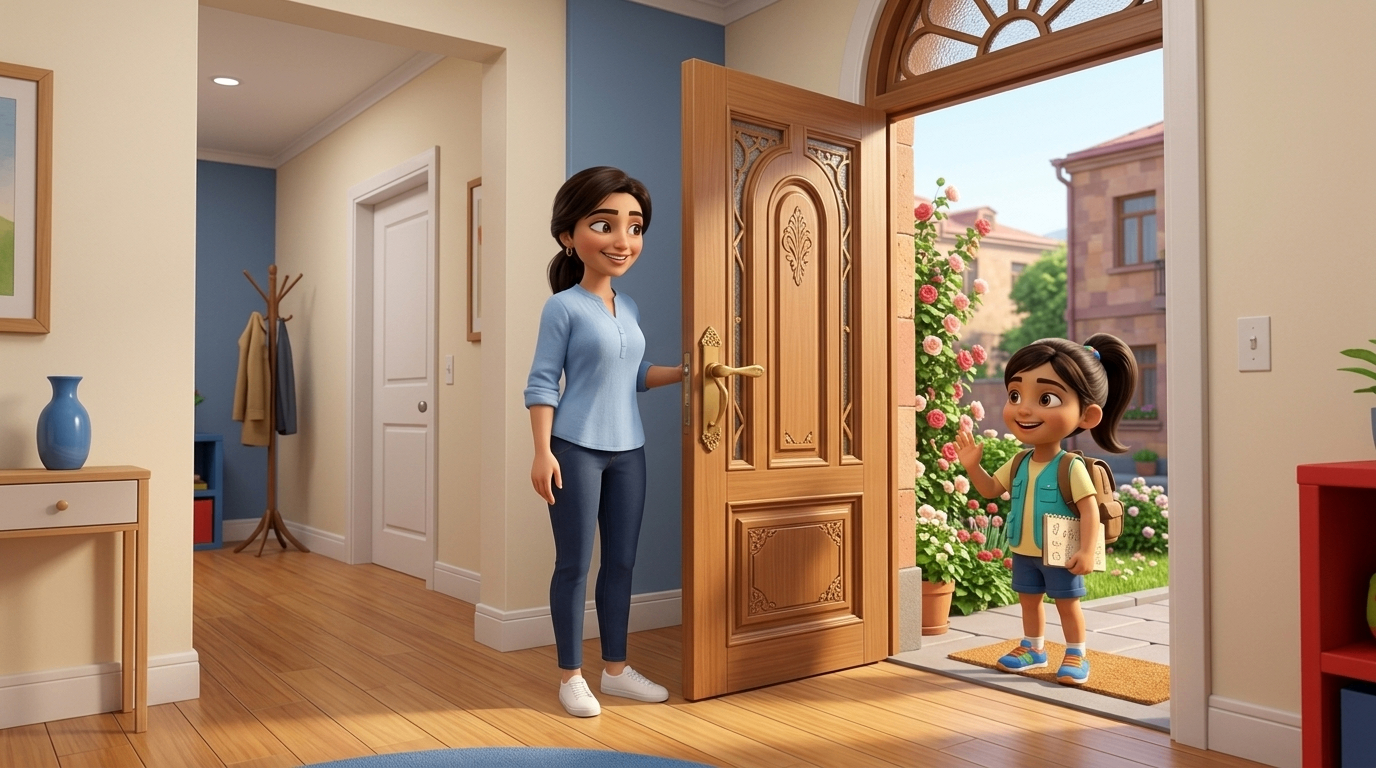 Animated mother opening the front door to the girl with a backpack
