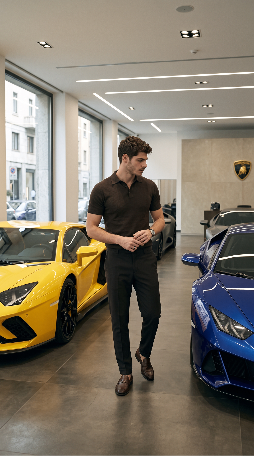 Male AI character between yellow and blue sports cars in a showroom