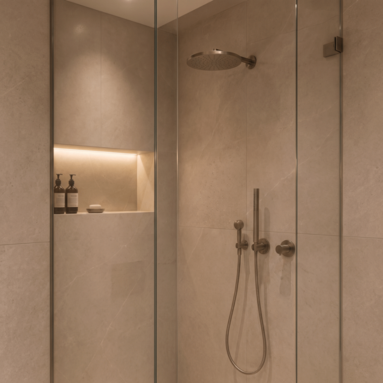 Interior: shower detail with backlit niche and brushed fittings