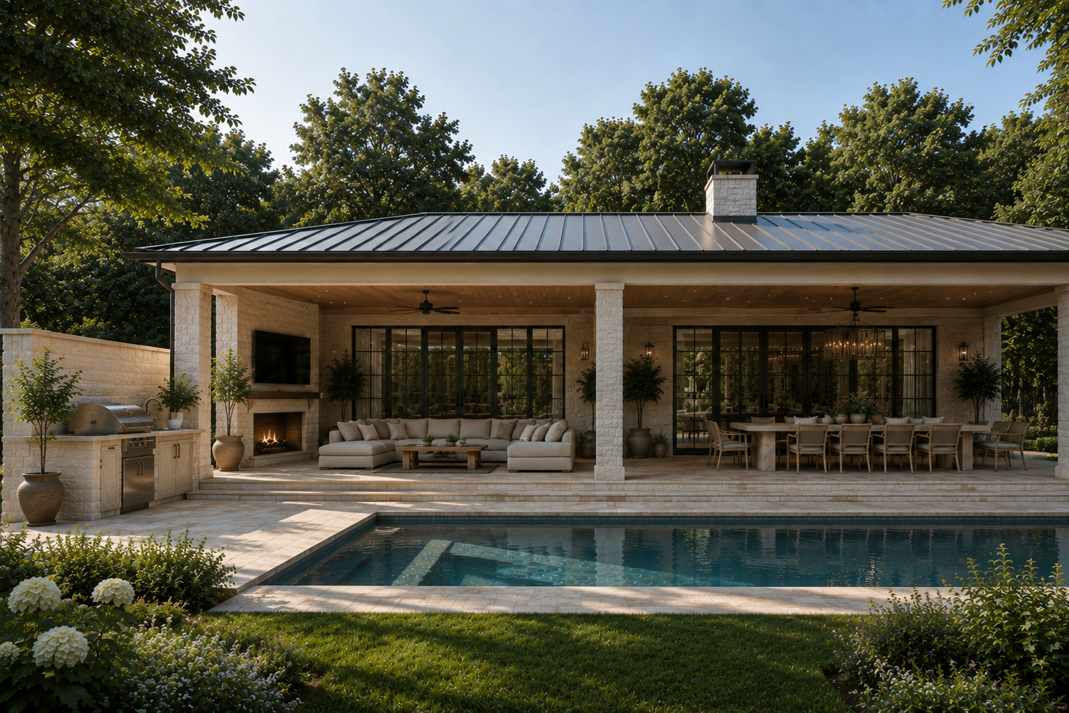 Residential exterior: covered terrace and pool at dusk