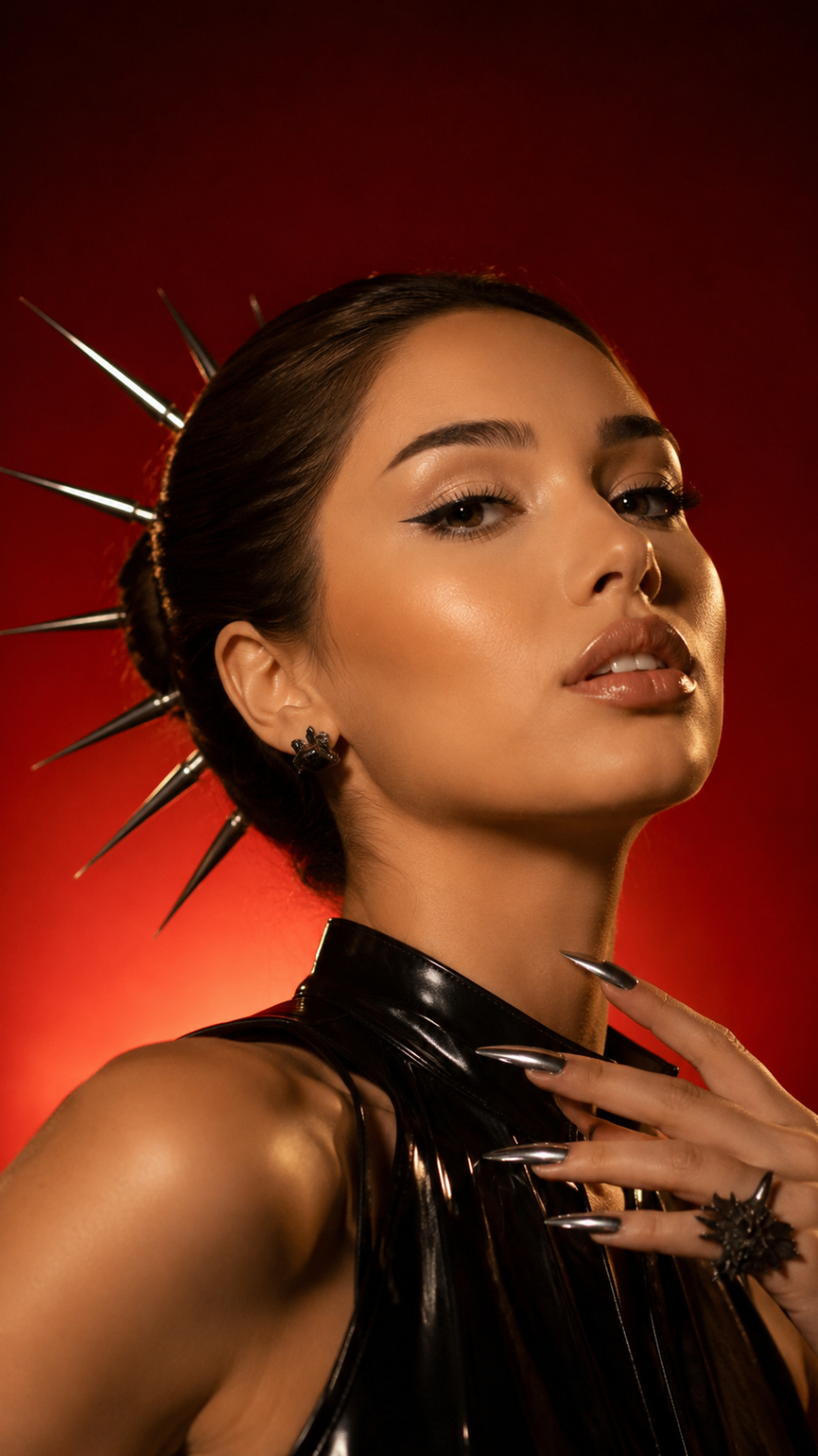 AI beauty portrait: red backdrop with black latex styling and metallic spikes