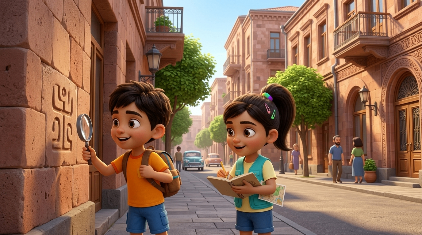 Animated children examining carved stone on a Yerevan tuff street