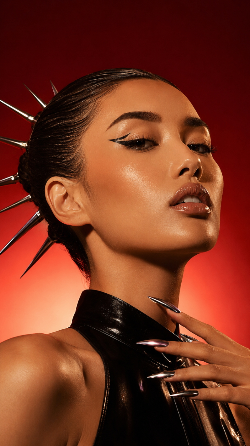 AI beauty portrait: chrome nails and glossy black collar on red backdrop