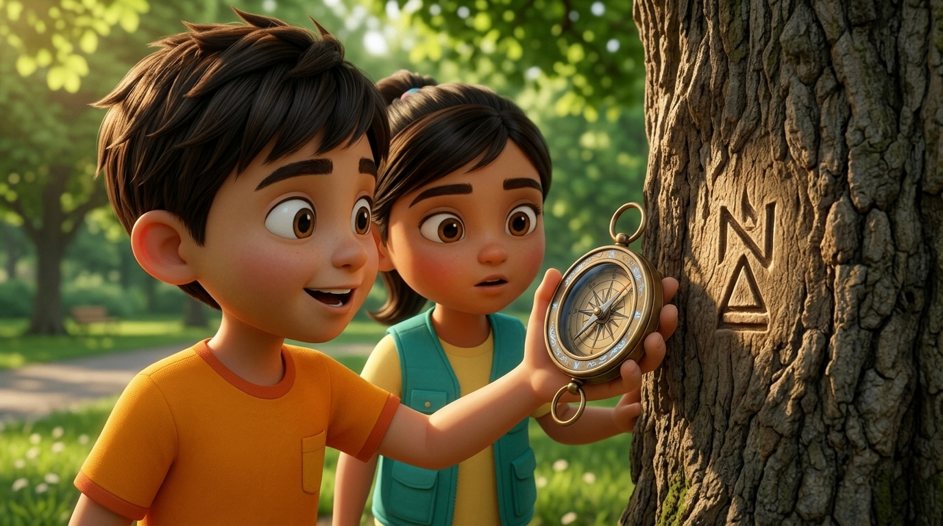 Animated children holding a compass beside a carved tree