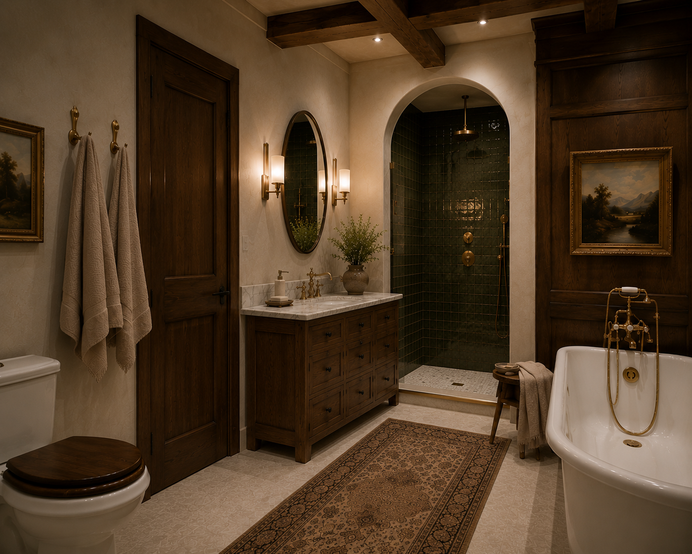 Interior: bathroom with dark oak joinery and green tiled shower