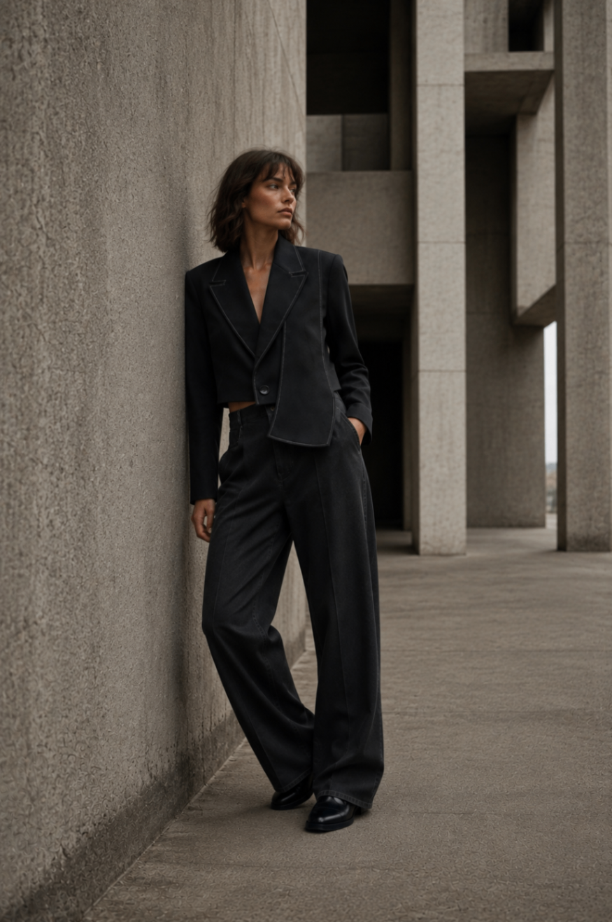 AI fashion frame: model walking in blazer and wide black trousers