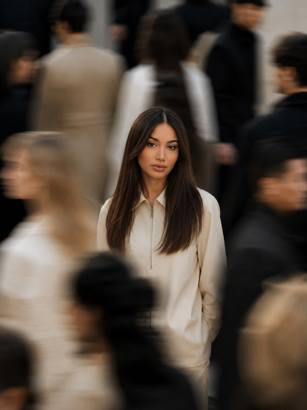 AI portrait: ivory tailoring portrait amid motion-blurred crowd