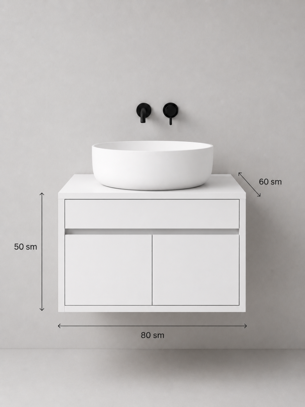Product visualization: white wall-hung vanity with dimensions