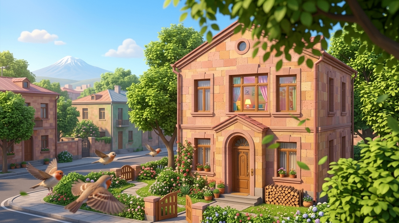 Animated Armenian stone house with birds and Mount Ararat in the distance