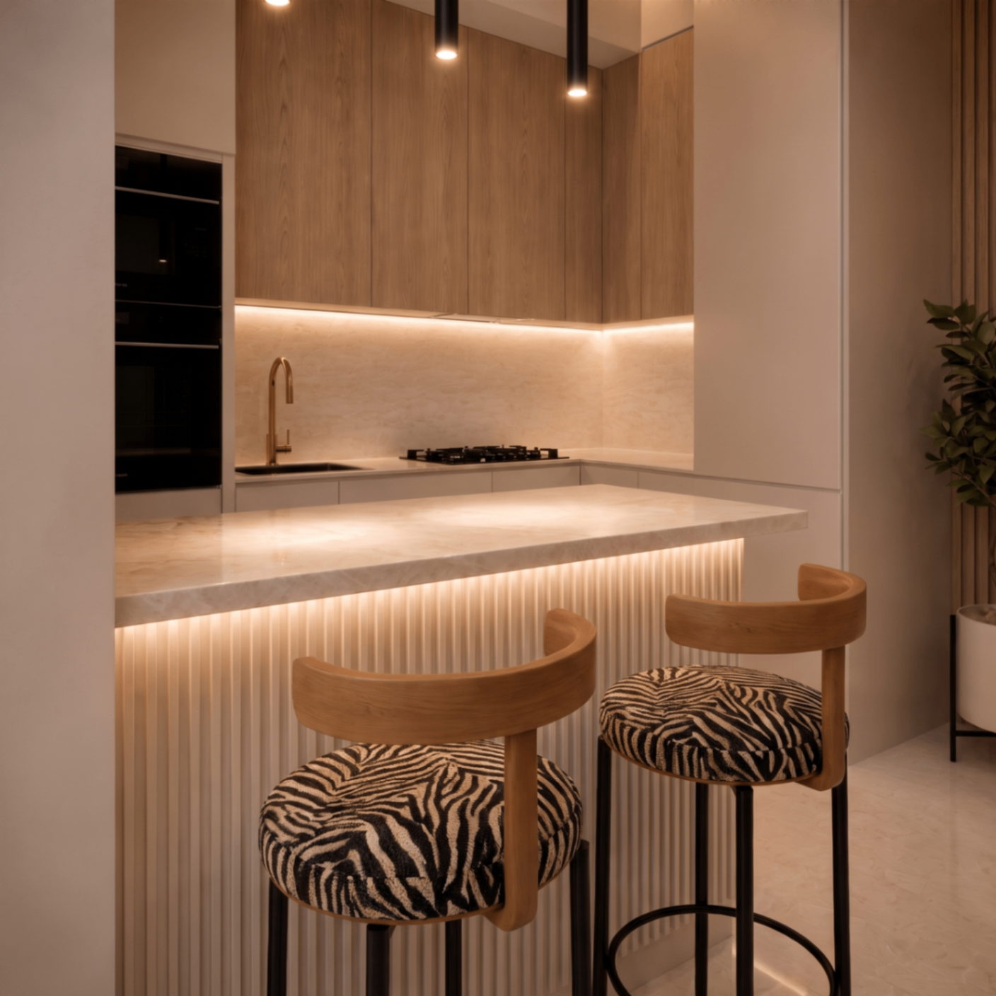Interior: kitchen with oak joinery and fluted island in warm light