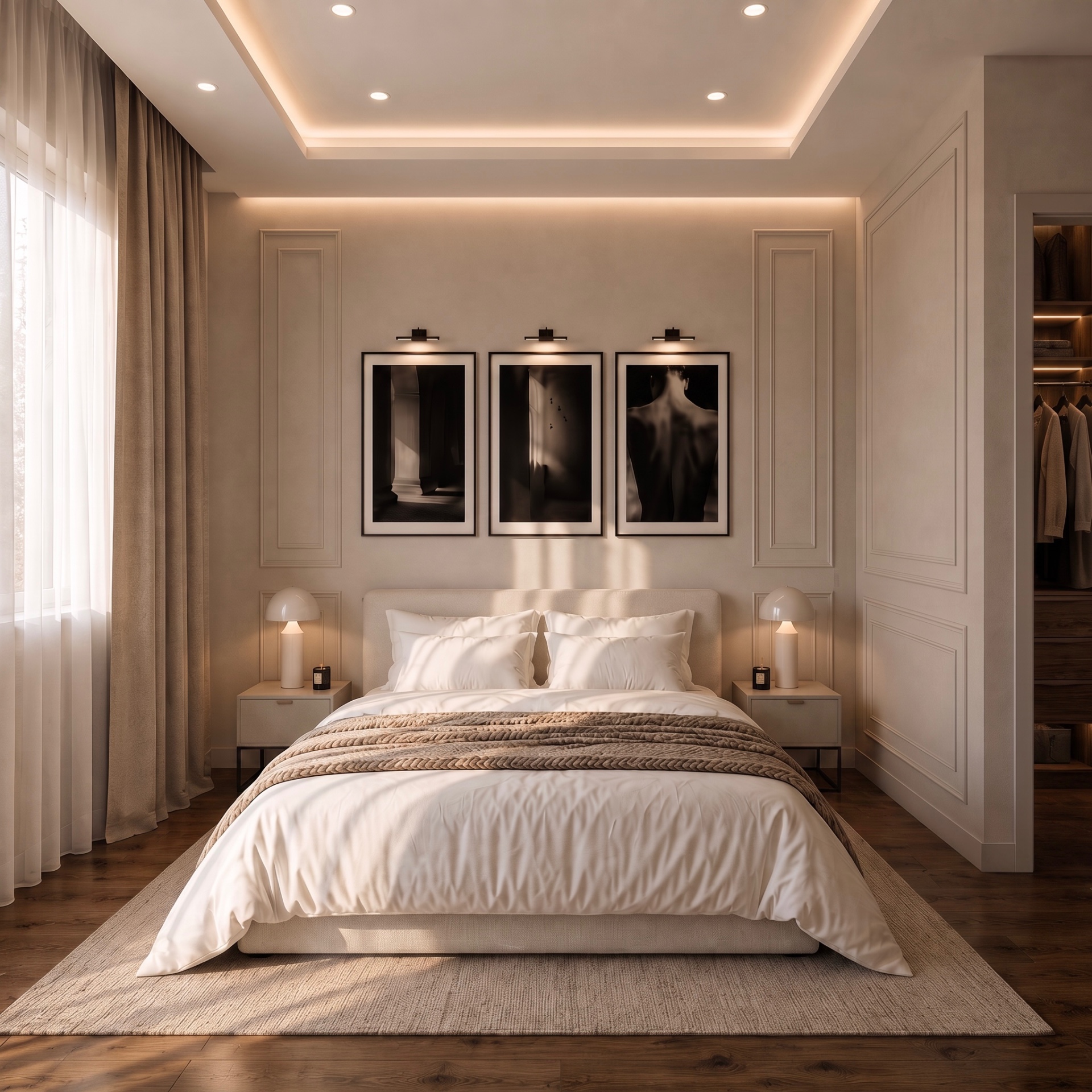 Interior: bedroom in warm afternoon light with sheer curtains