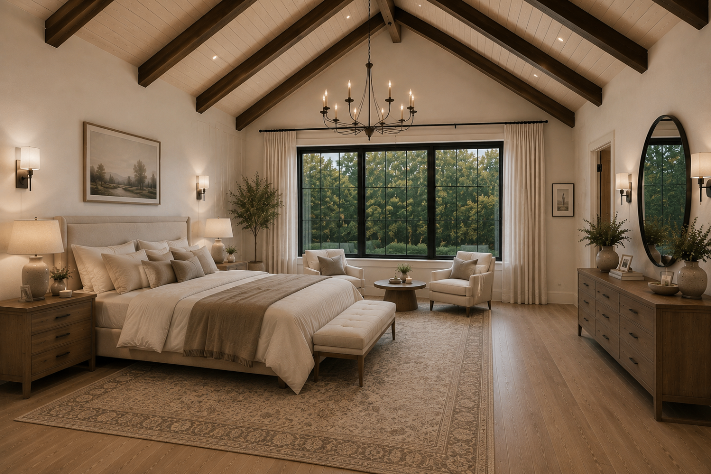 Interior: vaulted bedroom-living space with beamed ceiling
