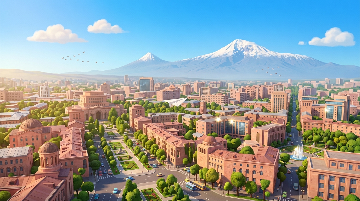 Animated aerial view of Yerevan with Mount Ararat on the horizon